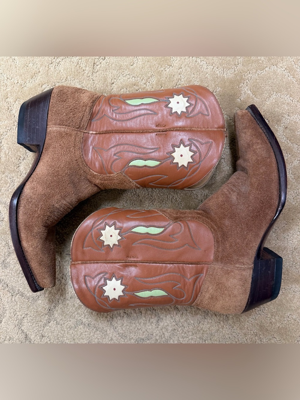 Sundance Brown Suede & Tan Leather Western Ankle Boots with Floral Inlay